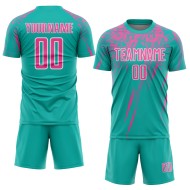 Maglia da calcio personalizzata con stampa a sublimazione rosa acquamarina-bianca Maglia da calcio personalizzata con stampa a sublimazione rosa acquamarina-bianca
