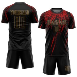 Maglia da calcio personalizzata con stampa sublimatica nera, oro antico e rosso Maglia da calcio personalizzata con stampa sublimatica nera, oro antico e rosso