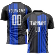 Maglia da calcio personalizzata con stampa sublimatica nera, bianca e blu