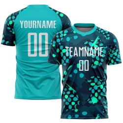 Maglia da calcio personalizzata Aqua White-Navy con stampa a sublimazione
