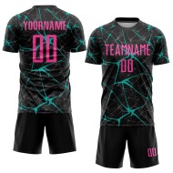Maglia da calcio personalizzata con stampa sublimatica nera rosa-acqua Maglia da calcio personalizzata con stampa sublimatica nera rosa-acqua