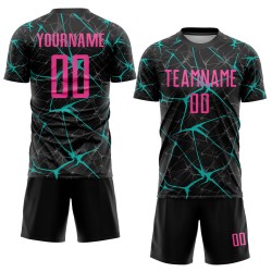 Maglia da calcio personalizzata con stampa sublimatica nera rosa-acqua Maglia da calcio personalizzata con stampa sublimatica nera rosa-acqua