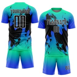 Maglia da calcio personalizzata Aqua Black-Thunder Blue Splash con stampa a sublimazione