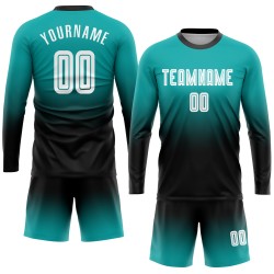 Maglia da calcio personalizzata Aqua White-Black Sublimation a maniche lunghe Fade Fashion