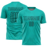 Maglia da calcio personalizzata con forme geometriche nere acquamarina stampata a sublimazione