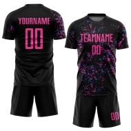 Maglia da calcio personalizzata con stampa sublimatica nera rosa-azzurra Maglia da calcio personalizzata con stampa sublimatica nera rosa-azzurra