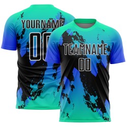 Maglia da calcio personalizzata Aqua Black-Thunder Blue Splash con stampa a sublimazione