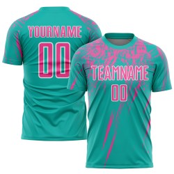 Maglia da calcio personalizzata con stampa a sublimazione rosa acquamarina-bianca