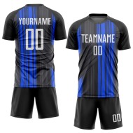 Maglia da calcio personalizzata con stampa sublimatica nera, bianca e blu Maglia da calcio personalizzata con stampa sublimatica nera, bianca e blu