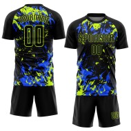 Maglia da calcio personalizzata con stampa sublimatica verde neon nera-reale Maglia da calcio personalizzata con stampa sublimatica verde neon nera-reale
