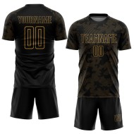 Maglia da calcio personalizzata con stampa sublimatica nera e oro antico Maglia da calcio personalizzata con stampa sublimatica nera e oro antico