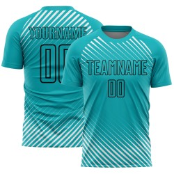 Maglia da calcio personalizzata con linee diagonali nere acquamarina stampata a sublimazione